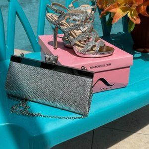 DRESSY SPARKLING SILVER HIGH-HEELED SANDALS, SIZE 6 AND MATCHING BAG